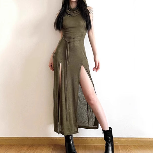 Damen Elegantes Maxikleid mit hohem Schlitz und Kapuze Sovae