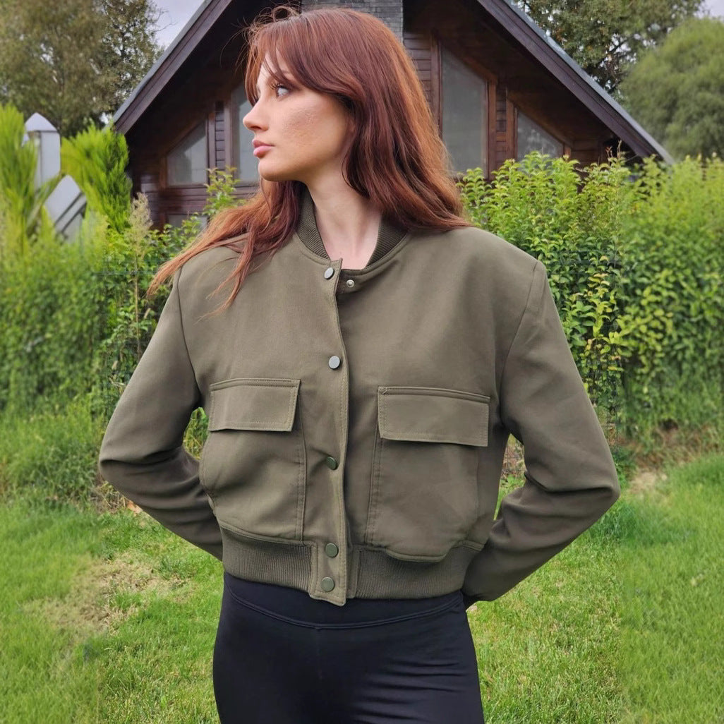 Damen modische cropped Jacke mit animalischem Muster und praktischen Taschen Sovae