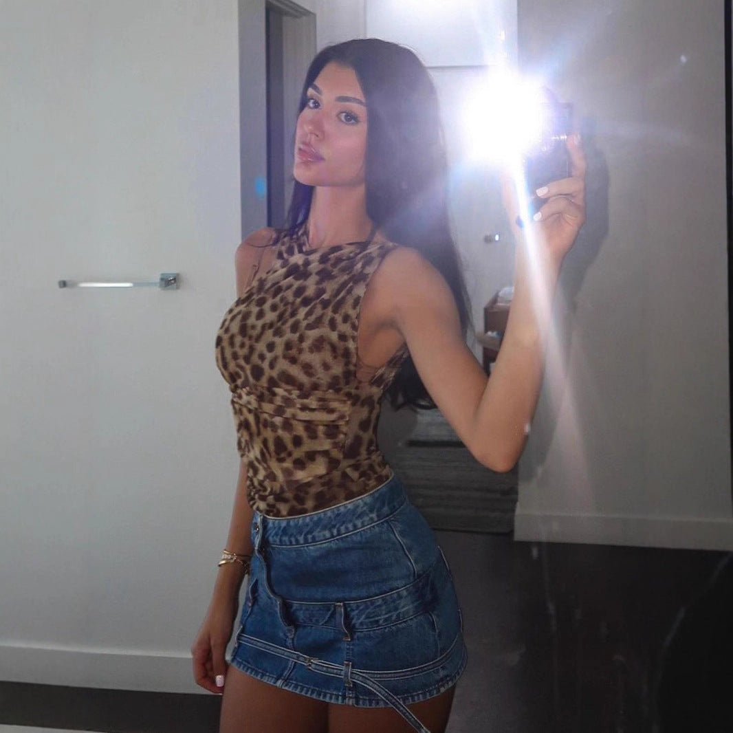 Damen Tanktop mit asymmetrischem Leopardenprint und Wickeldetails Sovae