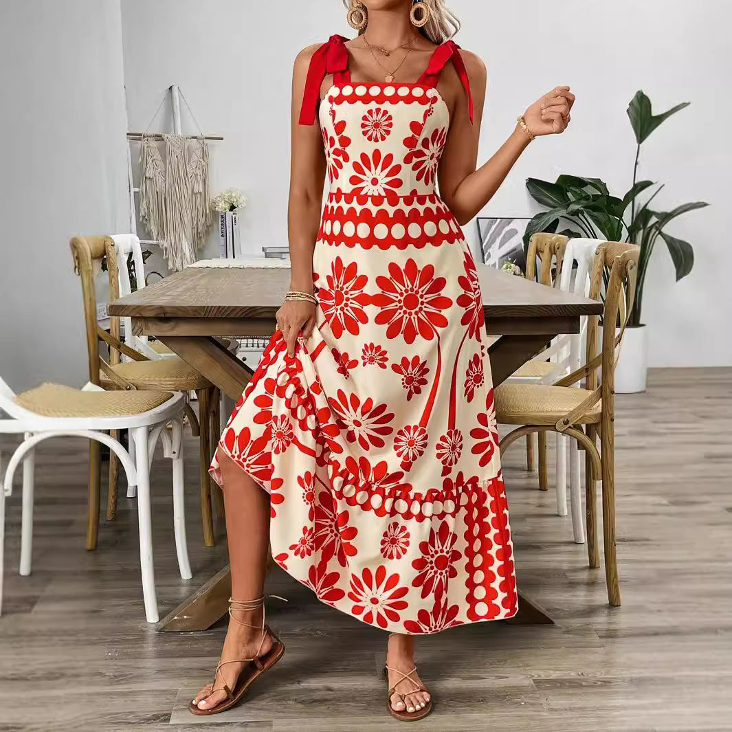Damen Midikleid mit floralem Design und dekorativen Trägern Sovae