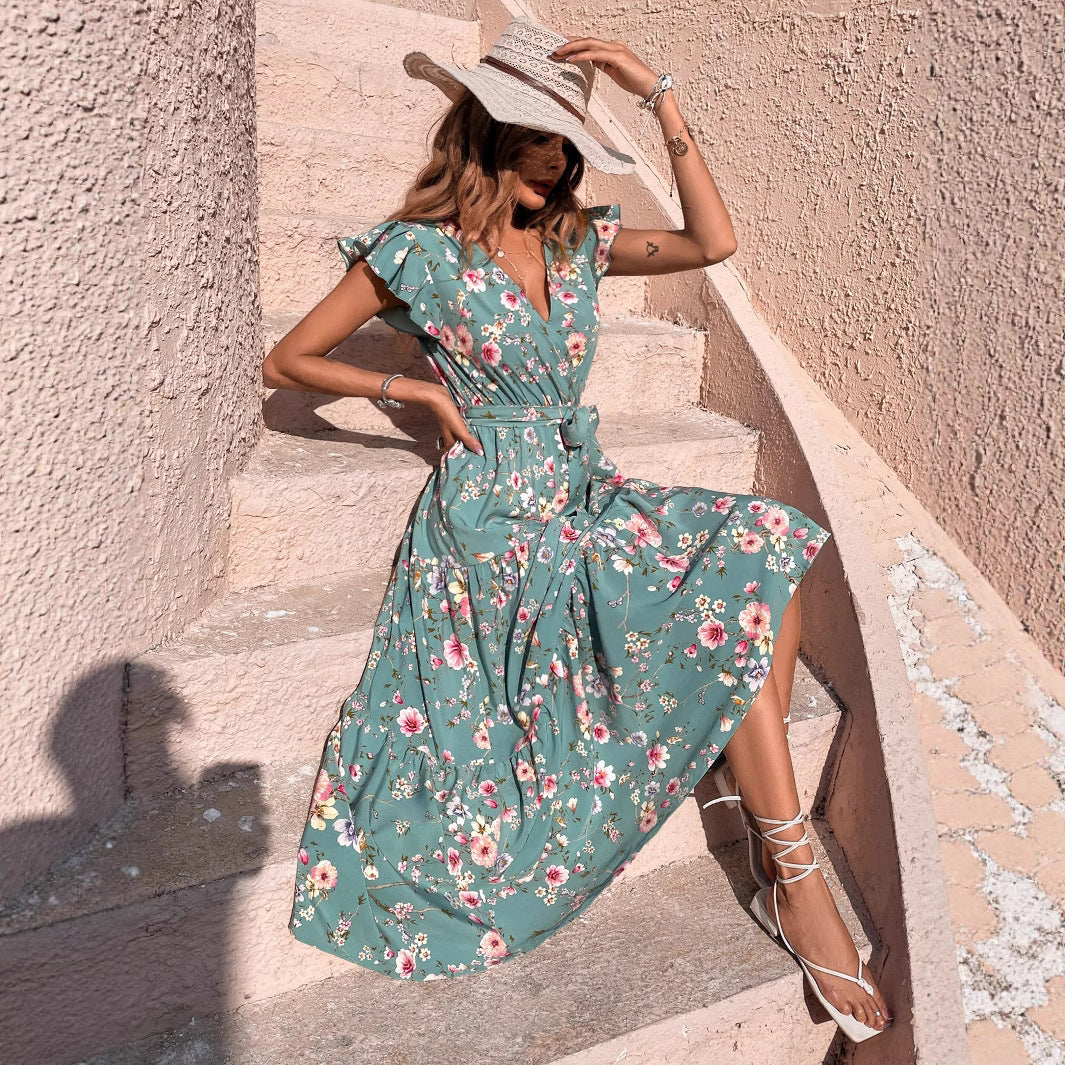 Damen Florales Maxikleid mit tiefem V-Ausschnitt und Rüschendetails Sovae