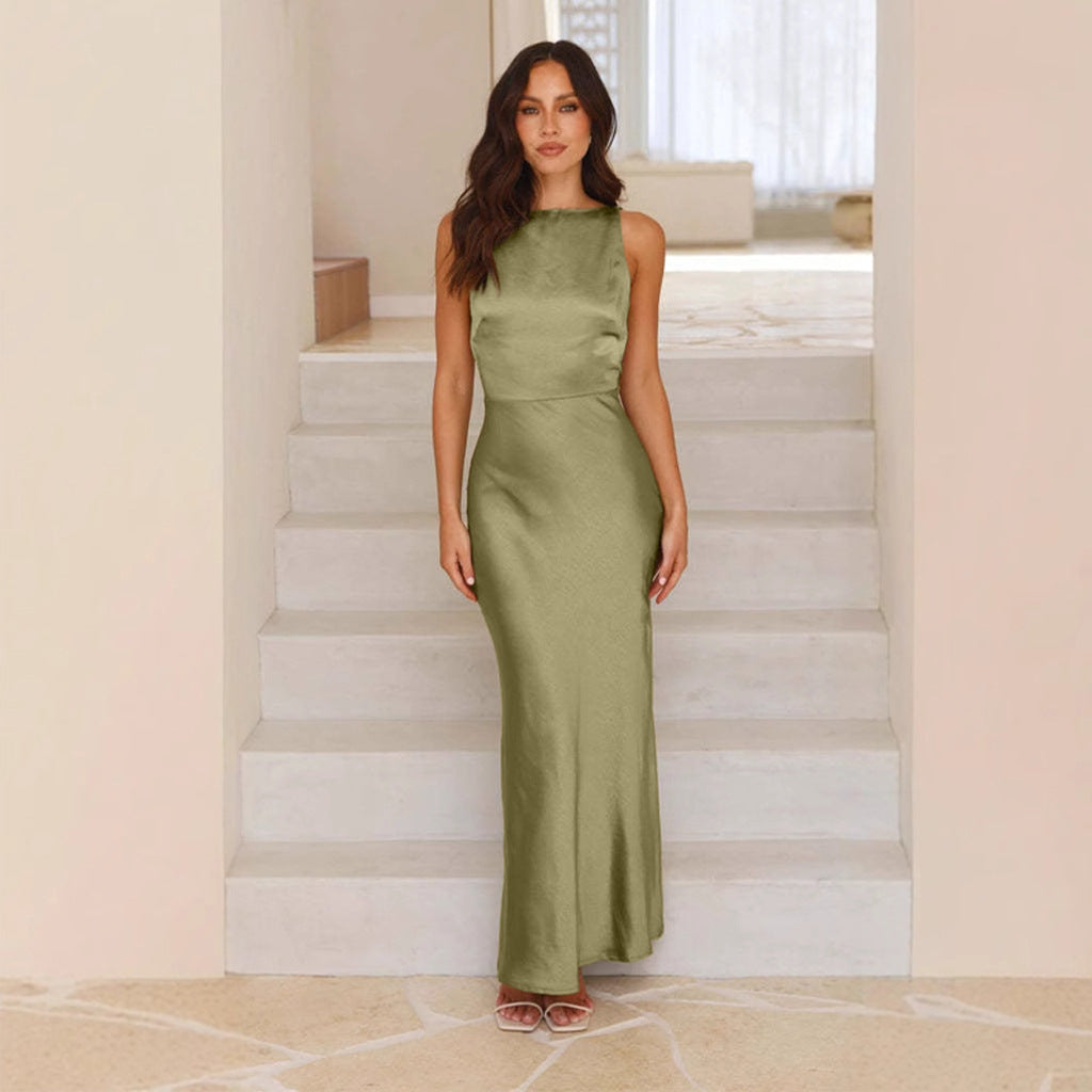 Damen elegantes Satin-Maxikleid mit schulterfreiem Design Sovae