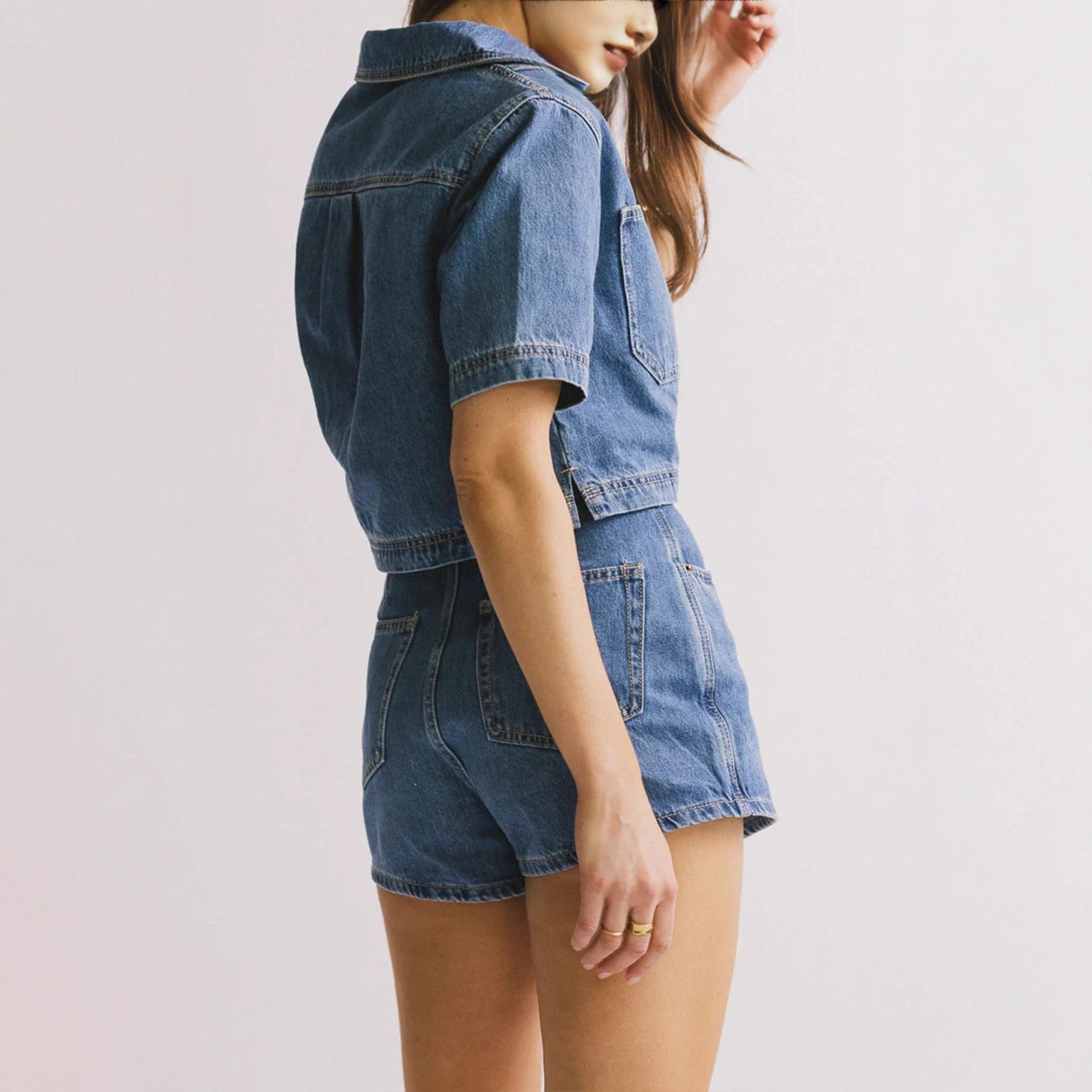 Damen Denim Crop-Shirt und Minirock Set Sovae