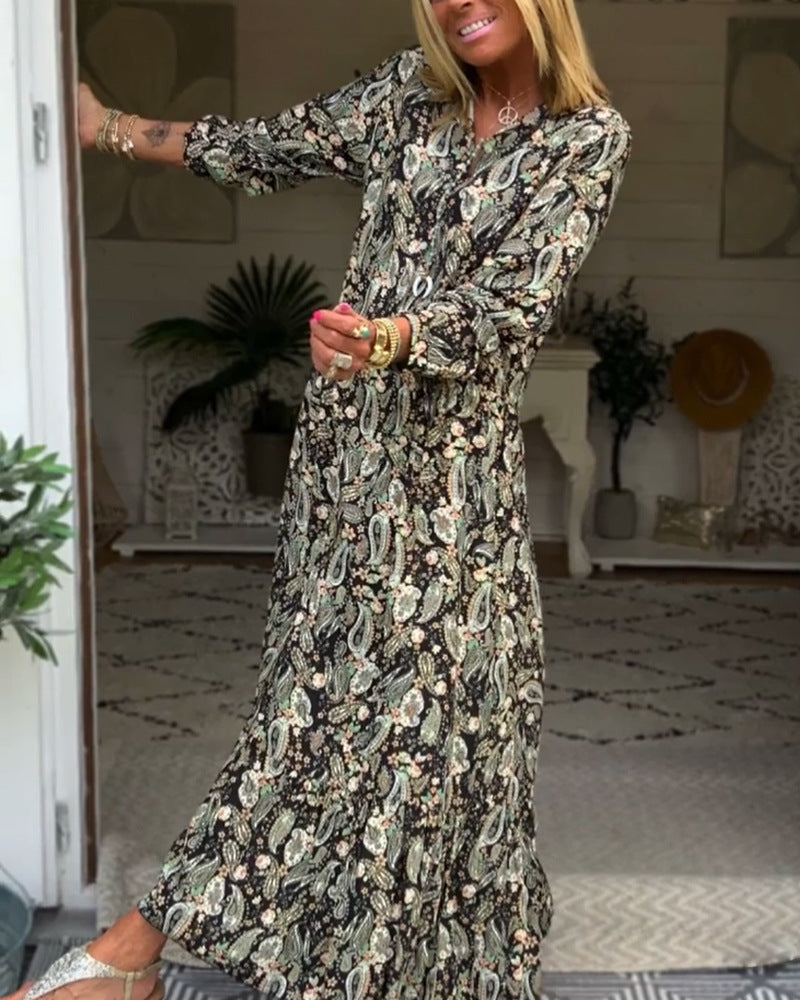 Damen Maxikleid mit floralen Paisley-Mustern und voluminösem Rock Sovae