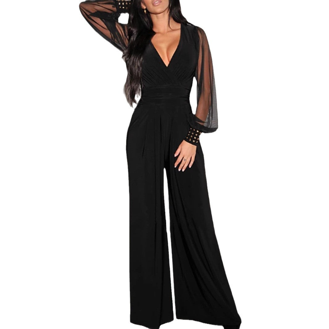 Damen Eleganter Jumpsuit mit transparenten Puffärmeln und modernem V-Ausschnitt Sovae