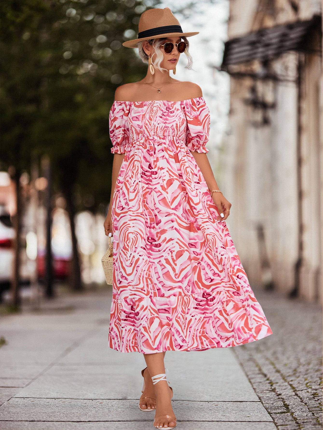 Damen Off-Shoulder Maxikleid mit floralen Akzenten und elastischer Taillierung Sovae
