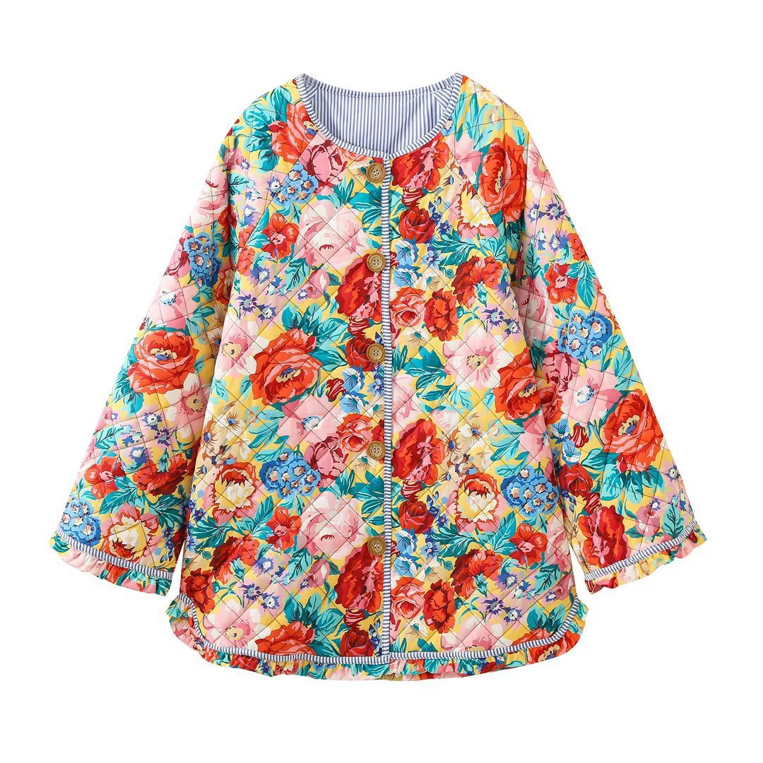 Damen Patchwork Steppjacke mit buntem Blumenmuster und Knopfdetails Sovae