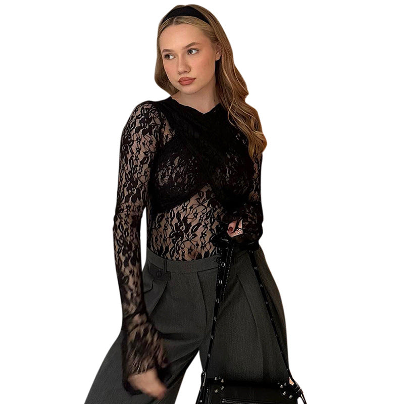 Damen Transparente Spitze Bluse Sovae