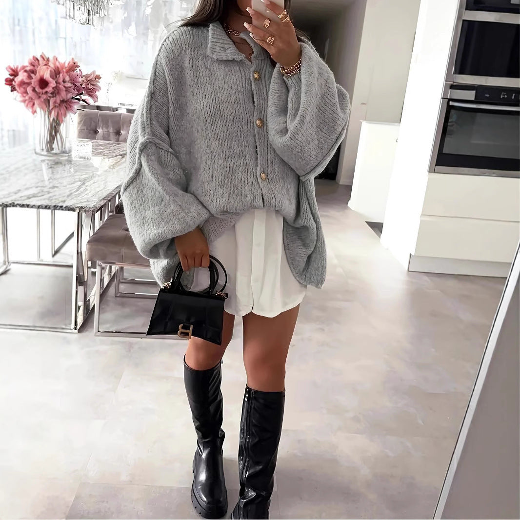 Damen Oversized Strickjacke mit stylischen Puffärmeln und Knopfleiste Sovae