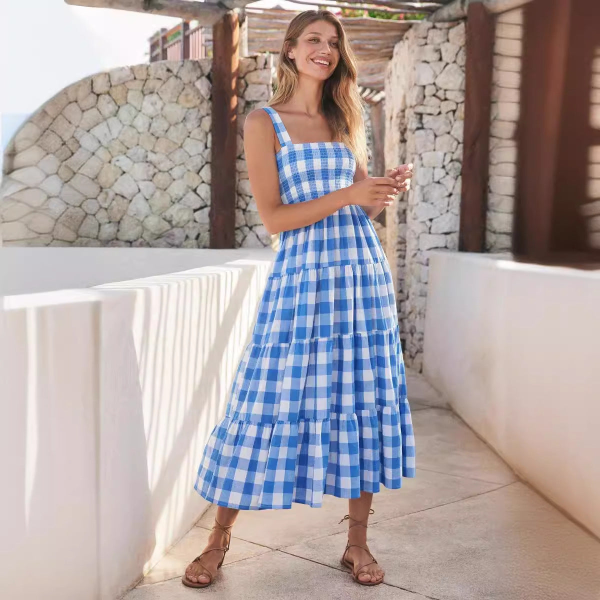 Damen lässiges Maxikleid mit Karomuster und verstellbaren Spaghettiträgern Sovae