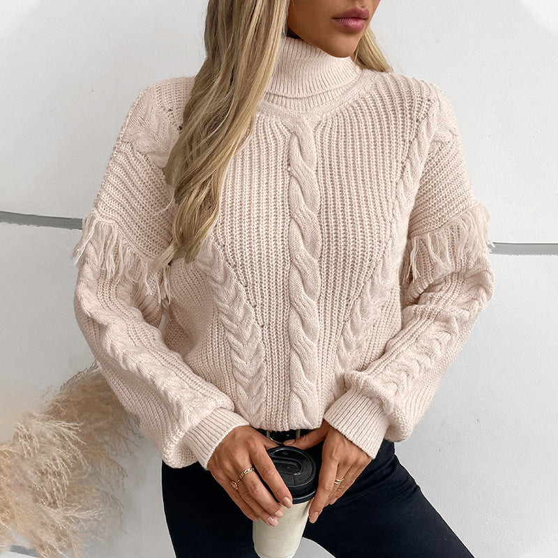 Damen Strickpullover mit hohem Kragen und Zopfmuster Sovae