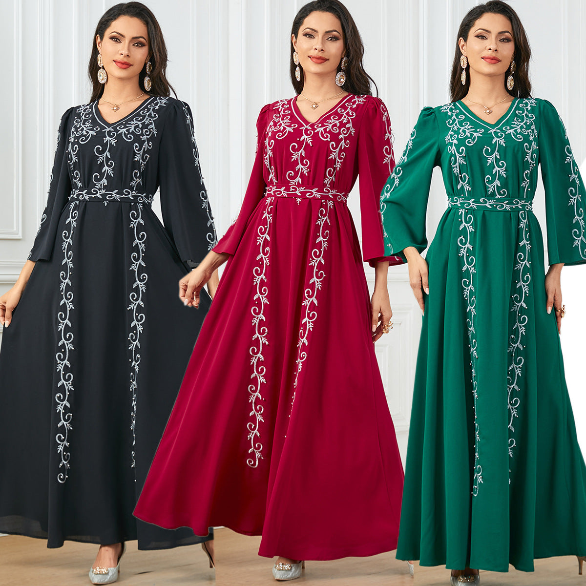 Damen Langes, besticktes Kleid mit eleganten Ärmeln Sovae