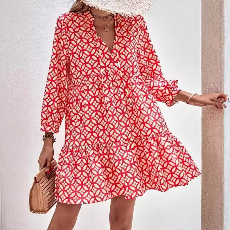 Damen Boho-Style Sommerkleid mit fließendem Schnitt und Rüschendetails Sovae
