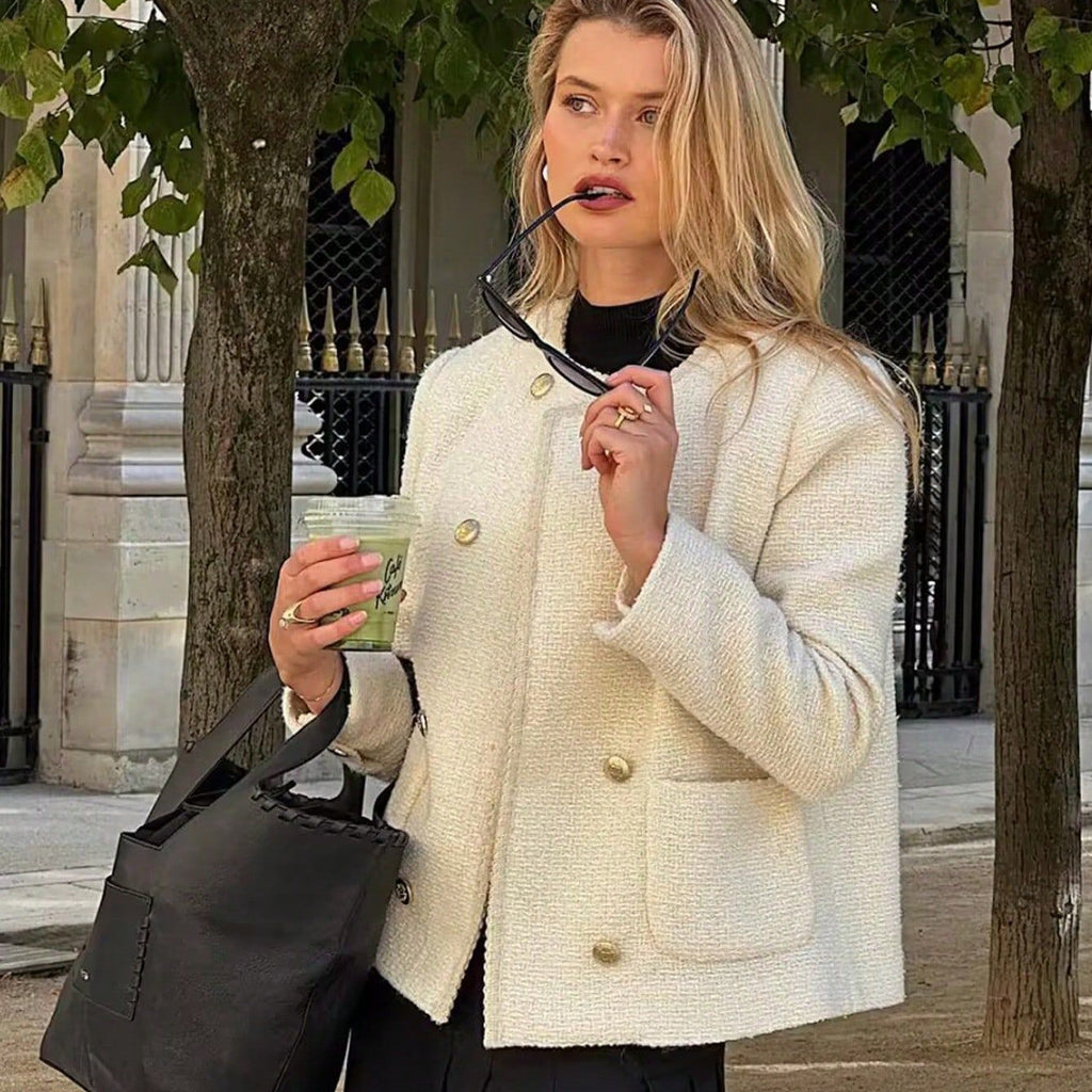 Damen elegante Bouclé-Jacke mit dekorativen Knöpfen und aufgesetzten Taschen Sovae