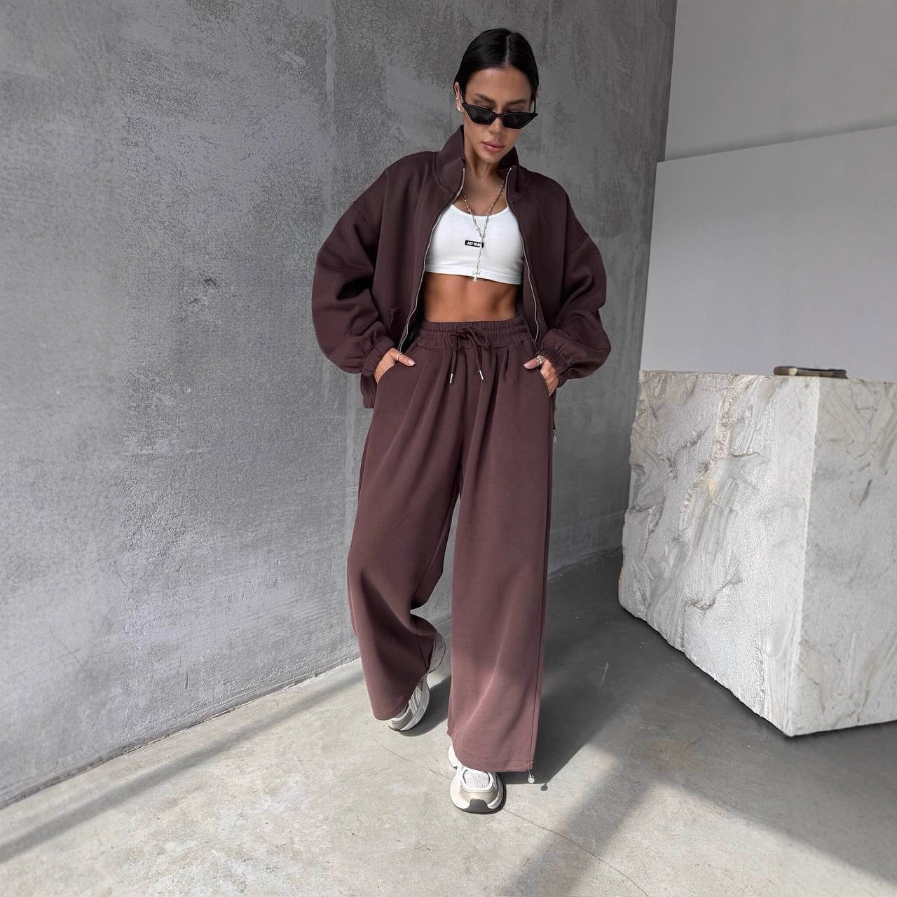 Damen Oversized lässiger Sportanzug mit Reißverschluss und elastischer Taille Sovae