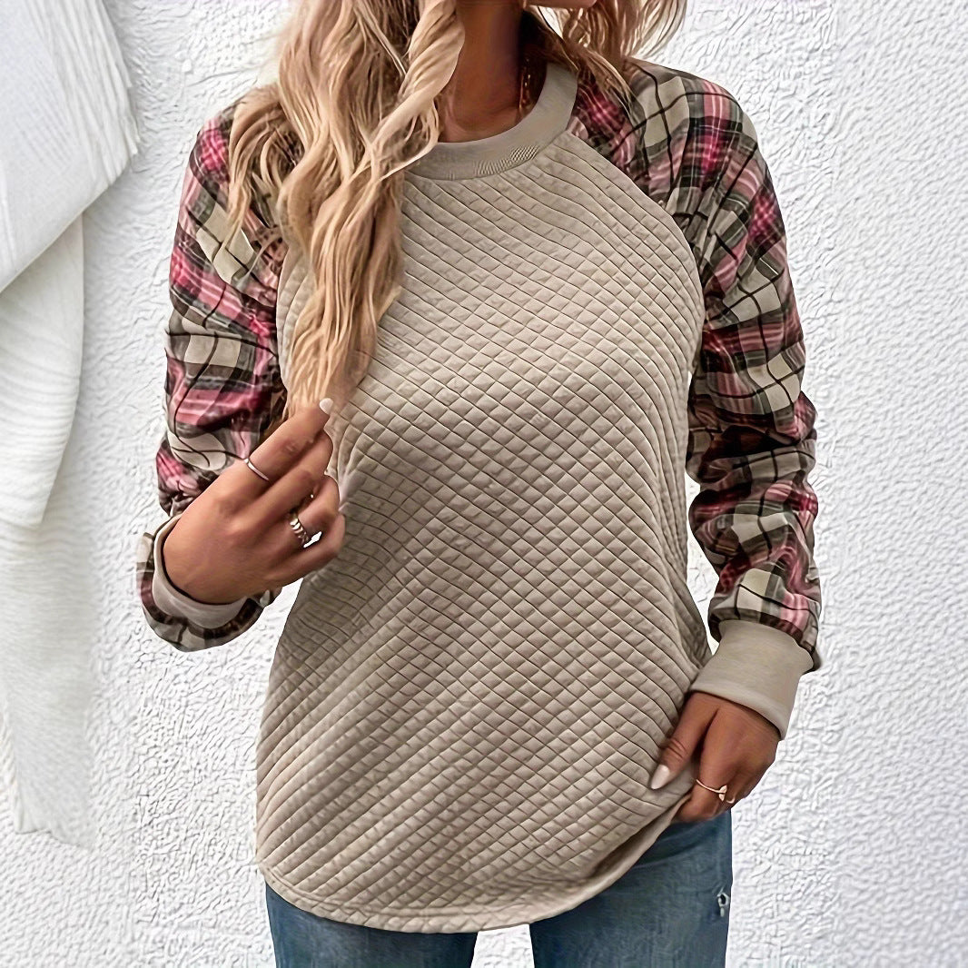 Damen Sweatshirt mit quadratischem Steppmuster und karierten Ärmeln Sovae