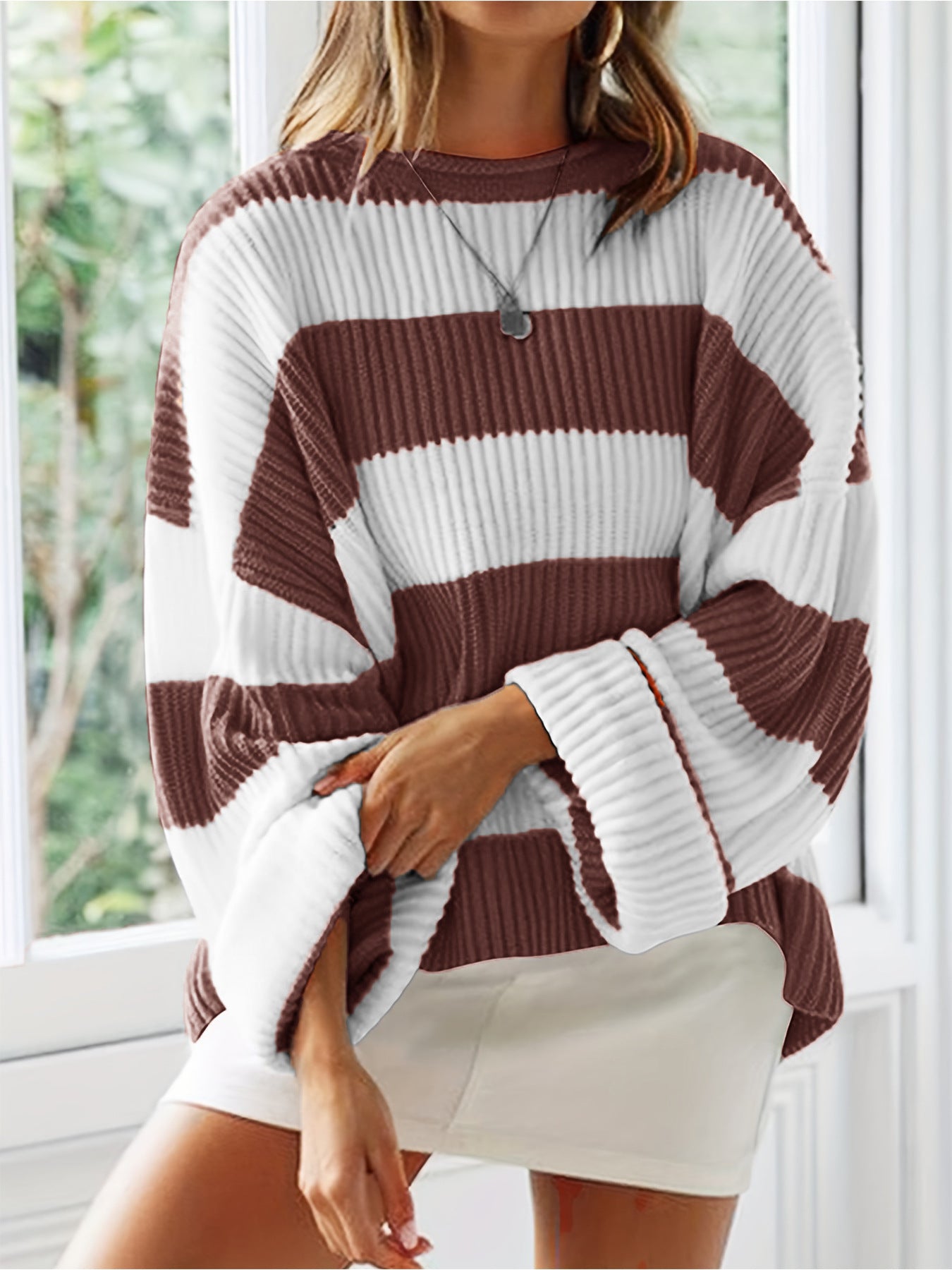 Damen lässiger Strickpullover mit breiten Streifen und lockerer Passform Sovae