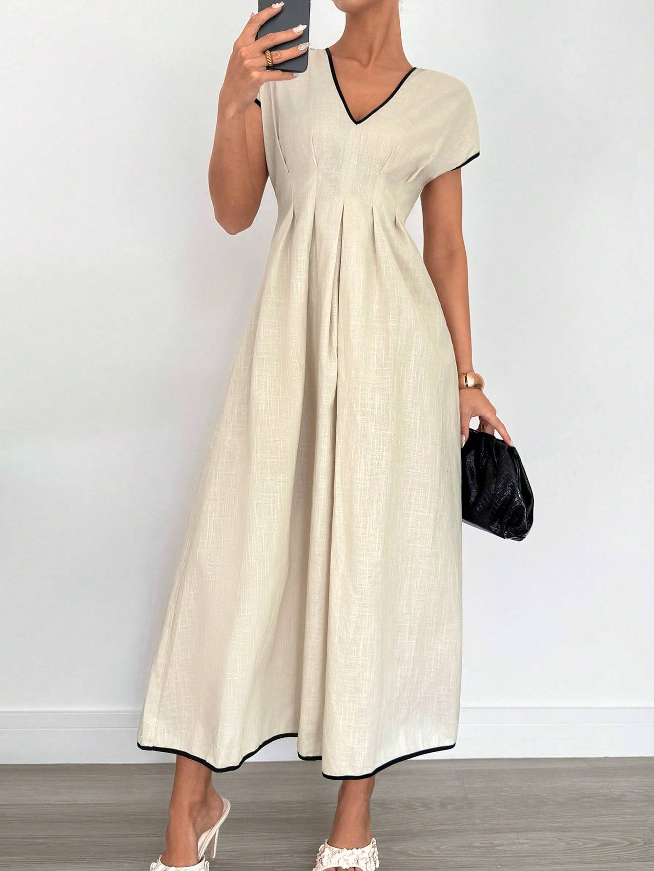 Damen Midi-Kleid mit tiefem V-Ausschnitt und schmeichelndem Faltenwurf Sovae