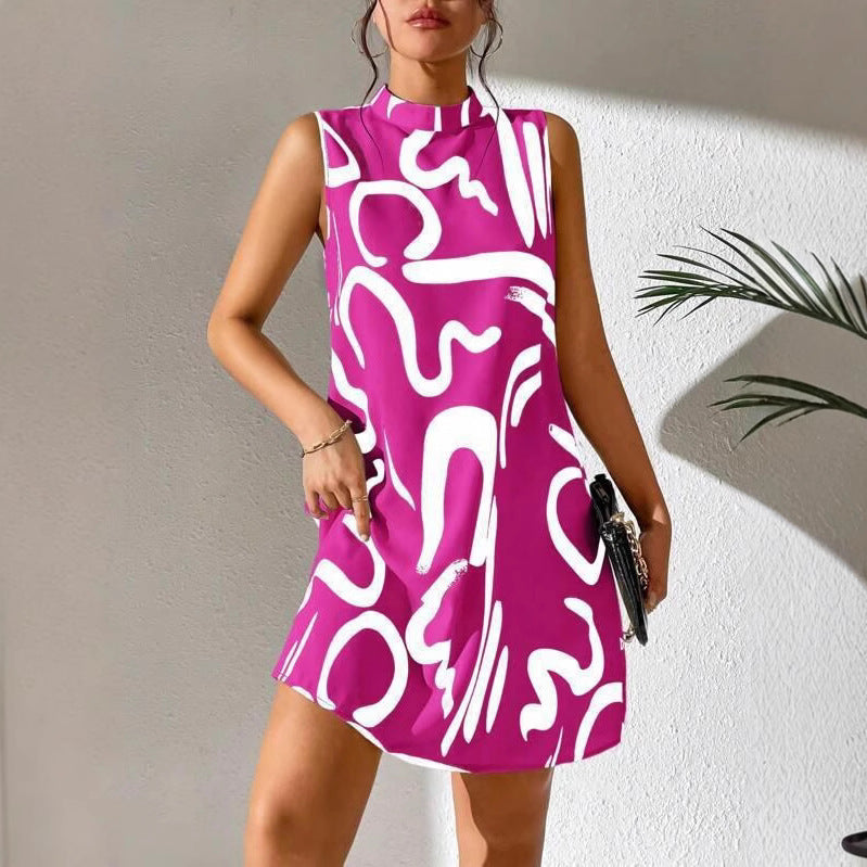 Damen A-linien Minikleid mit modernem grafischem Muster und Stehkragen Sovae