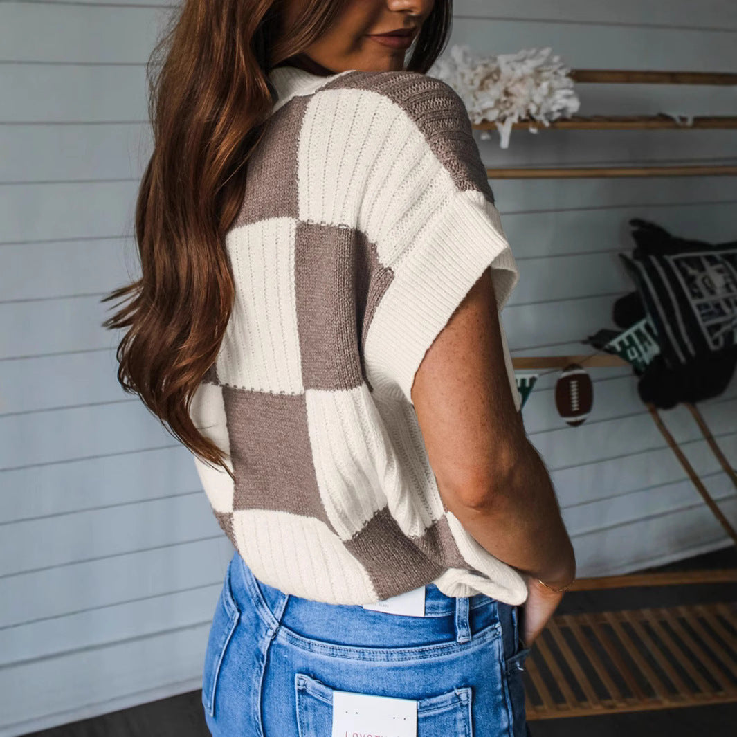 Damen lässiger Strickpullover mit modernem Karomuster Sovae