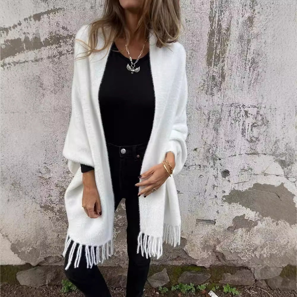 Damen Kuschelige Strickjacke mit Fransen Sovae