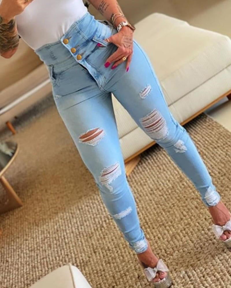 Damen High-Waist Jeans mit stylishen Rissen Sovae