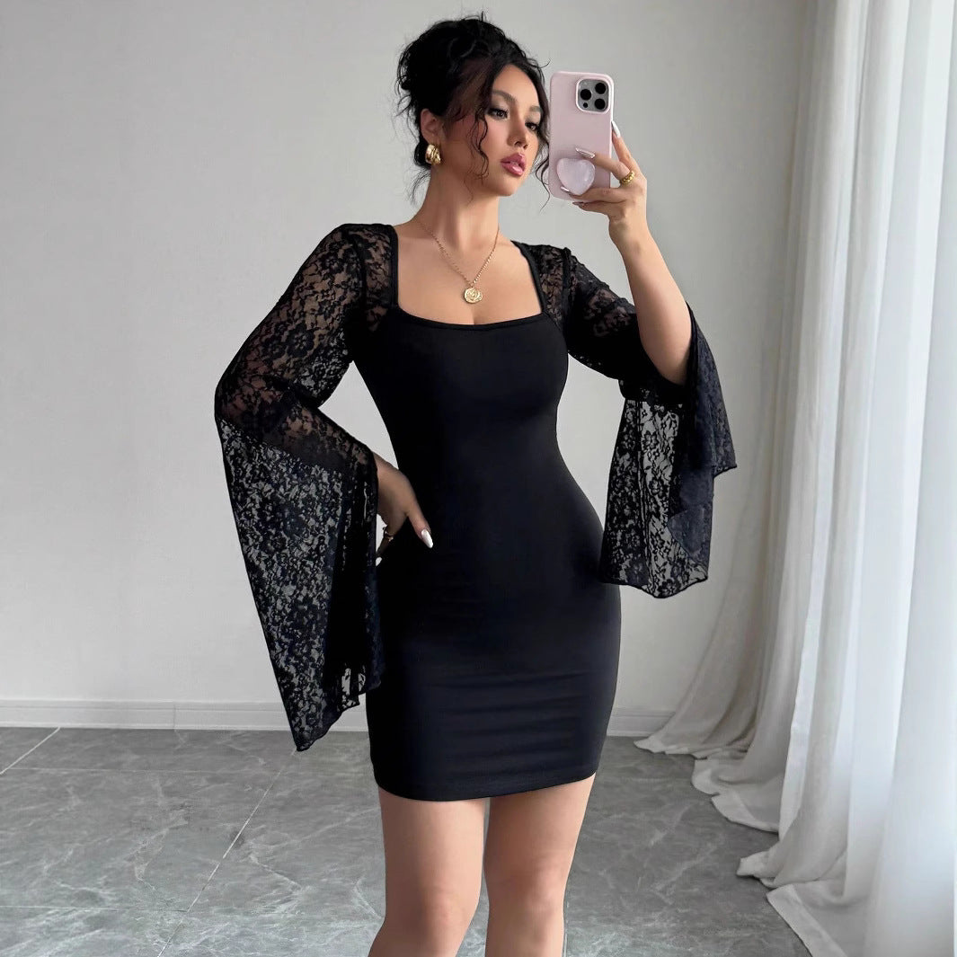 Damen Figurbetontes Kleid mit Spitzenärmeln Sovae