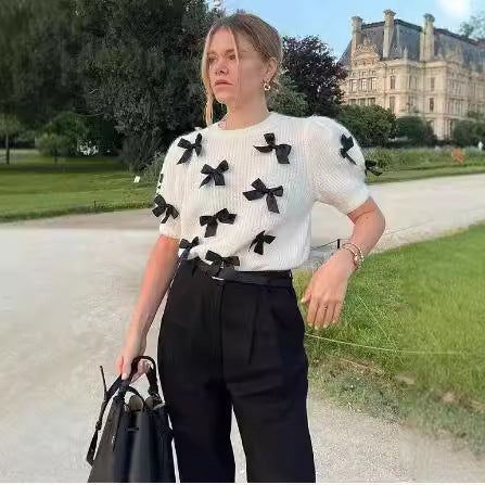 Damen modischer Strickpullover mit Puffärmeln und dekorativen Schleifen Sovae