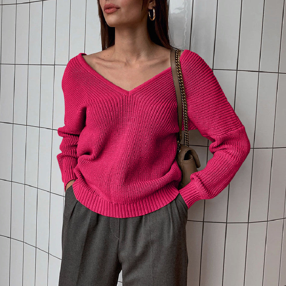 Damen Modischer Strickpullover mit tiefem V-Ausschnitt und schmeichelhaftem Schnitt Sovae