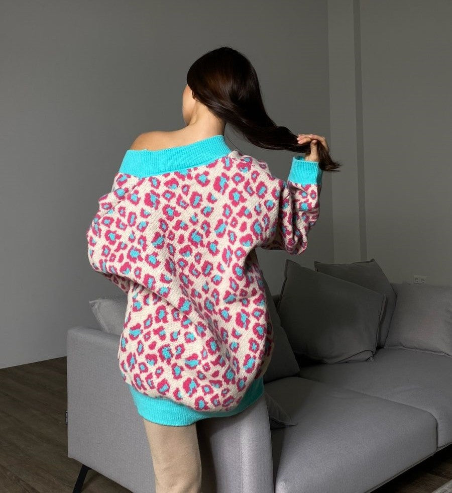 Damen Oversized Pullover mit Schulterdesign und lebhaftem Leopardenmuster Sovae