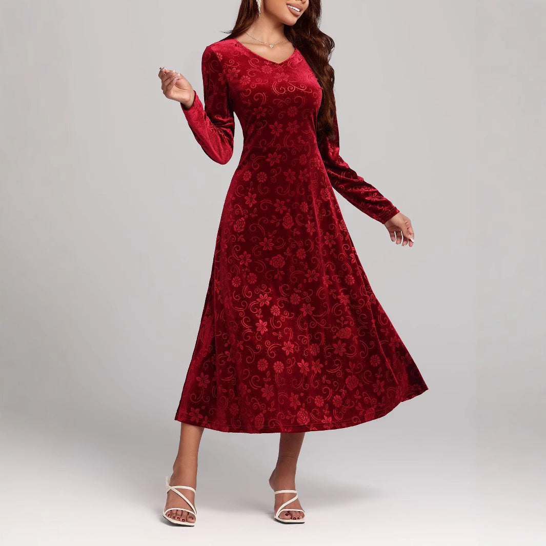 Damen Samt-Maxikleid mit floralen Mustern und langem Arm Sovae