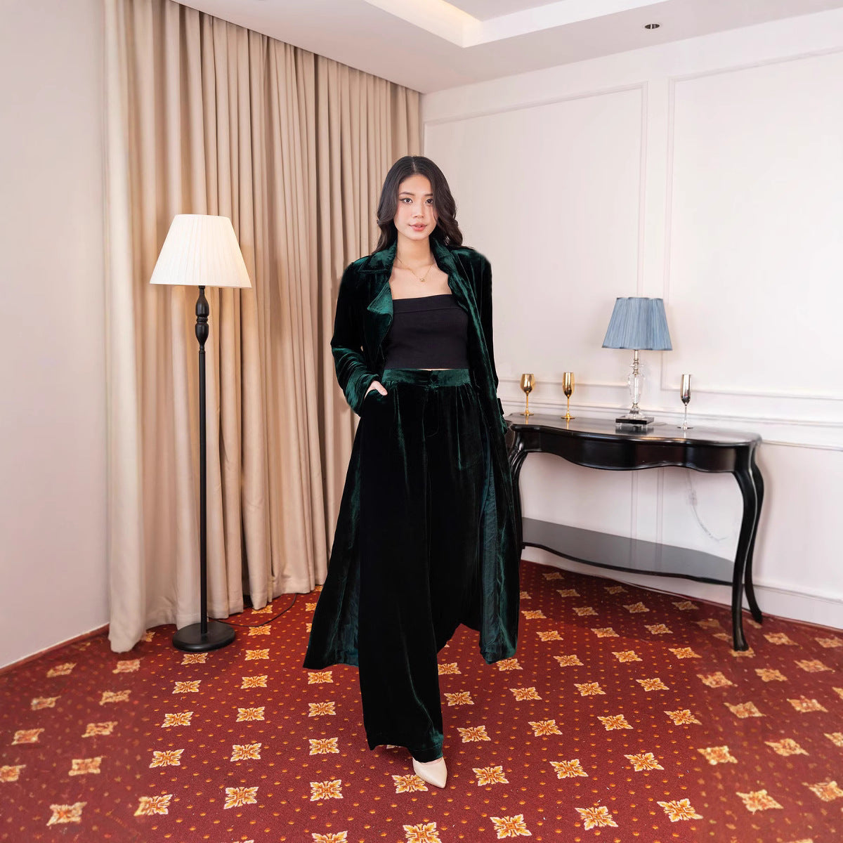 Damen elegantes Samtanzug-Set mit weitem Beinschnitt Sovae