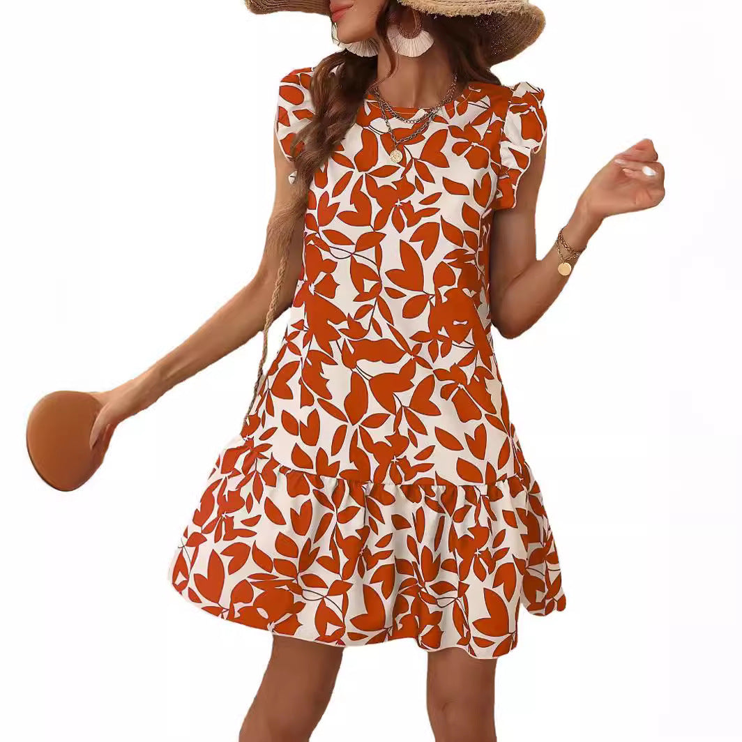 Damen kurzes Sommerkleid mit Rüschendetails und floralem Druck Sovae