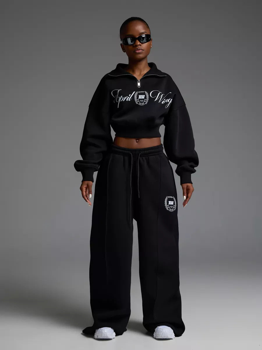 Damen Sportliches Cropped Sweatshirt und lässige Freizeithose Set Sovae