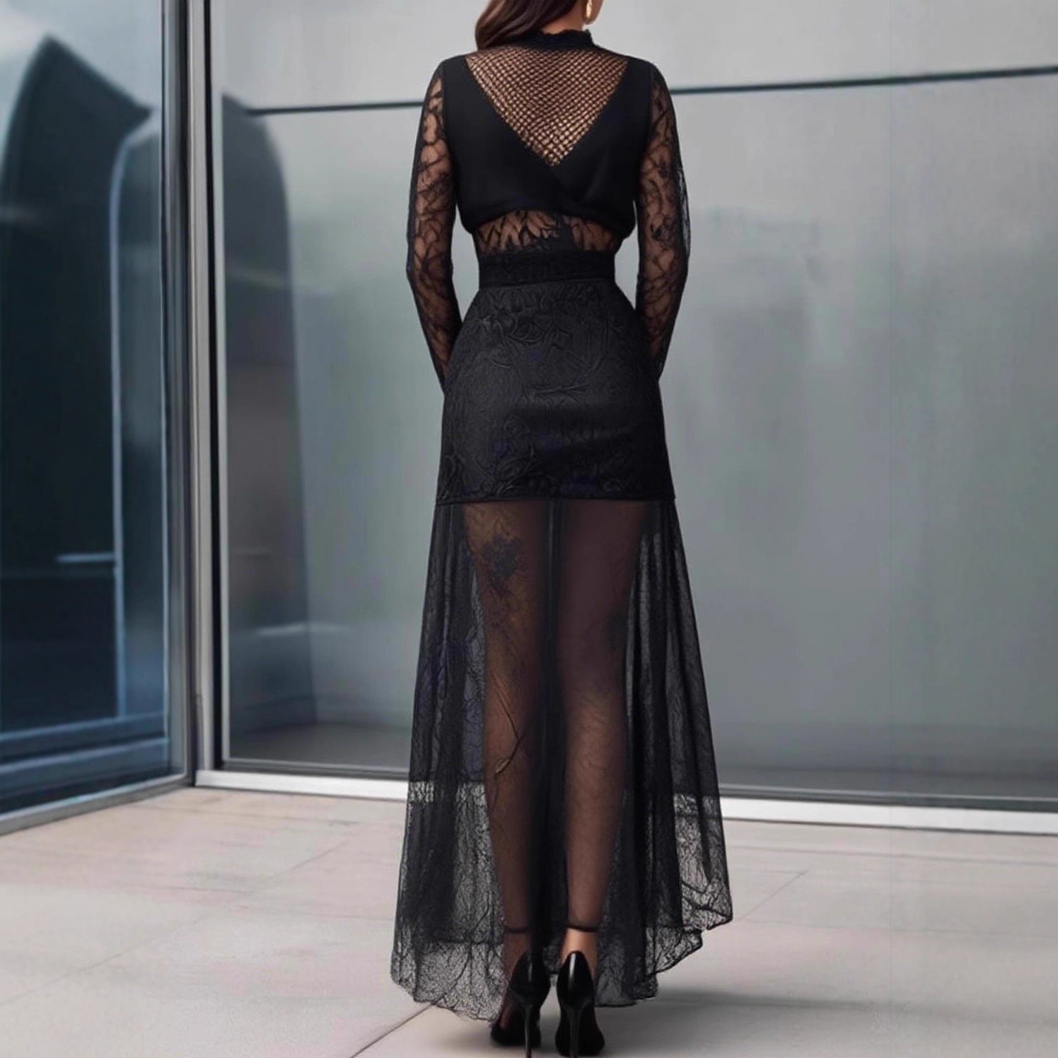 Damen Elegantes Spitzenoberteil und Maxirock Set Sovae