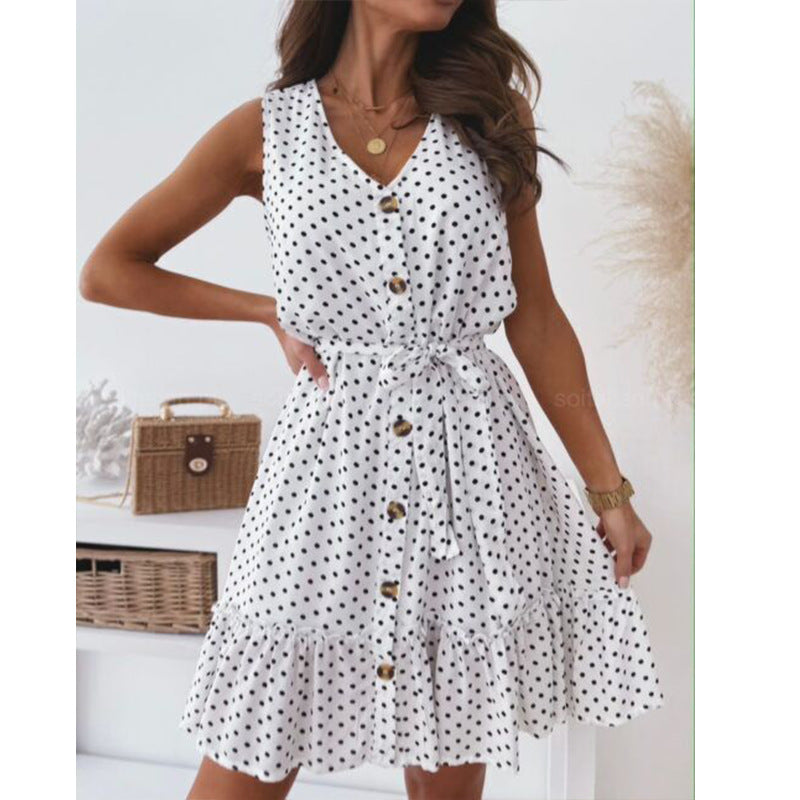 Damen Knielanges Polka-Dots Kleid mit Taillengürtel Sovae