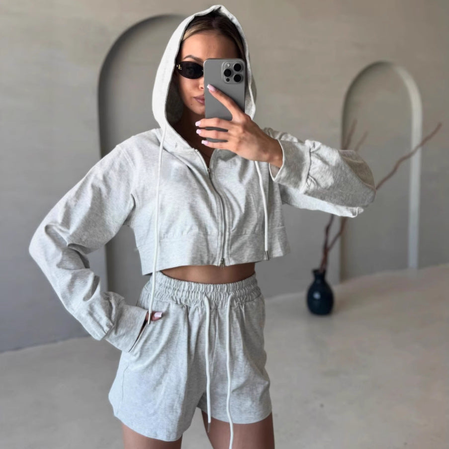 Damen Freizeit-Crop-Set mit Hoodie und Shorts Sovae