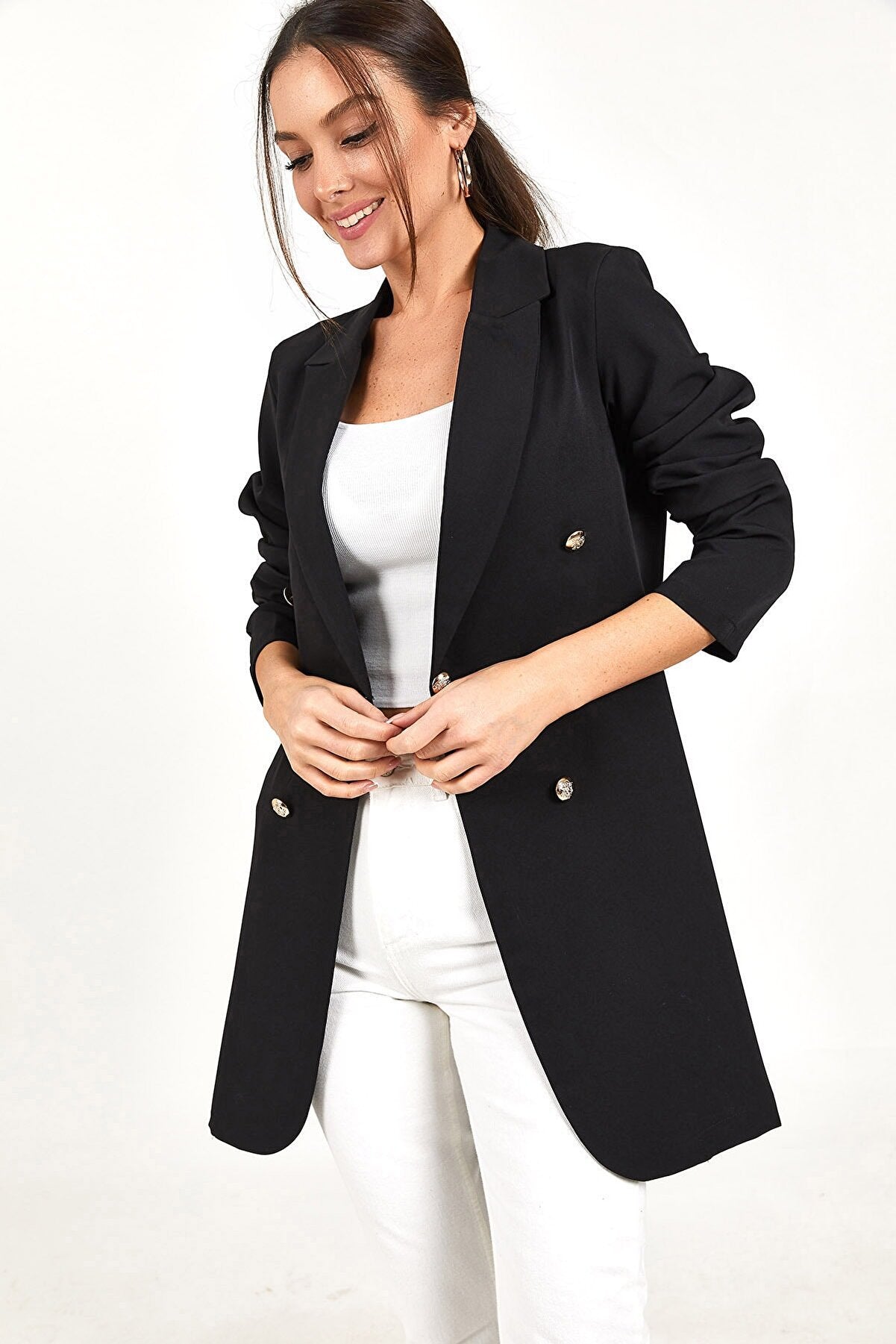 Damen eleganter Longblazer mit doppelter Knopfreihe Sovae