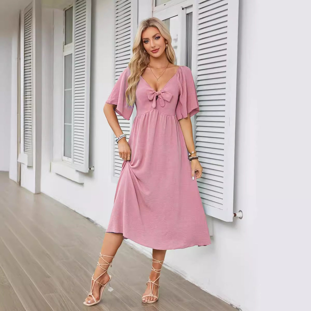 Damen Midikleid mit vorteilhaftem Bindeband und weiten Ärmeln Sovae