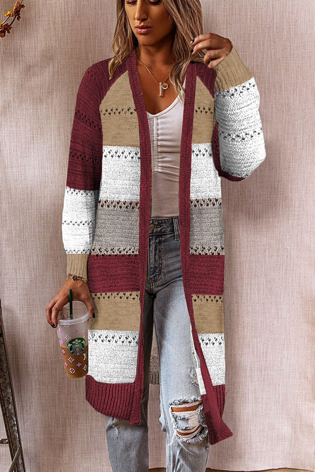 Damen Strickjacke mit modischem Farbblockdesign und luftigen Häkelstrickdetails Sovae