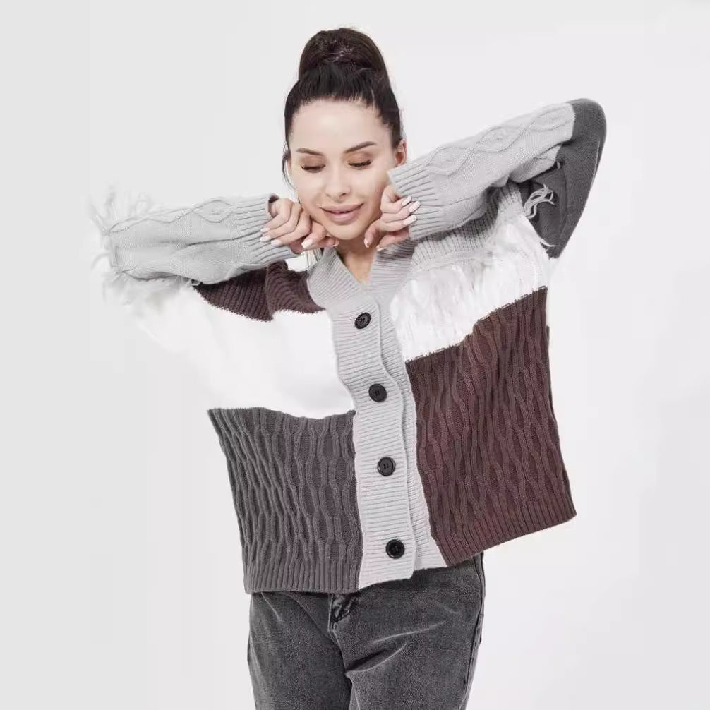 Damen Strickjacke mit modischem Blockstreifenmuster und klassischem Knopfverschluss Sovae