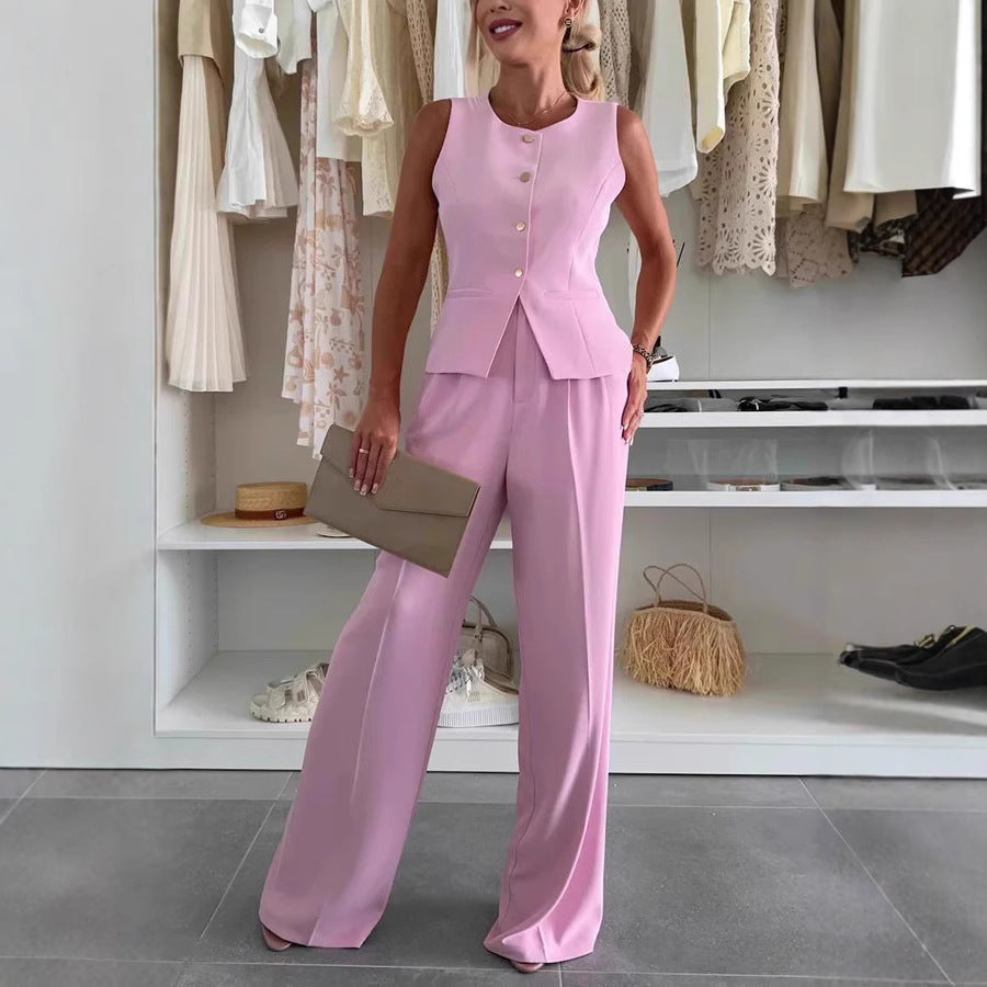 Damen Elegantes Blazer- und Hosen-Set mit Knopfdetails Sovae