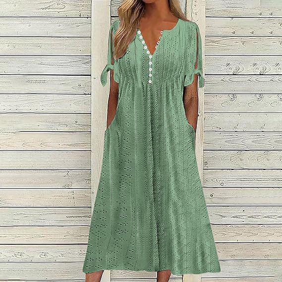 Damen Midi Kleid mit luftigen Einsätzen und dekorativen Details Sovae