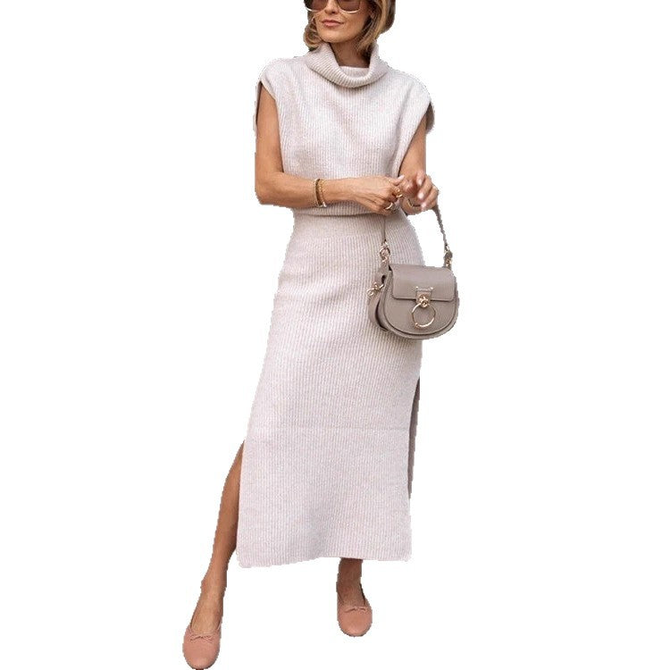 Damen Maxi-Strickkleid mit Rollkragen und Schlitz Sovae