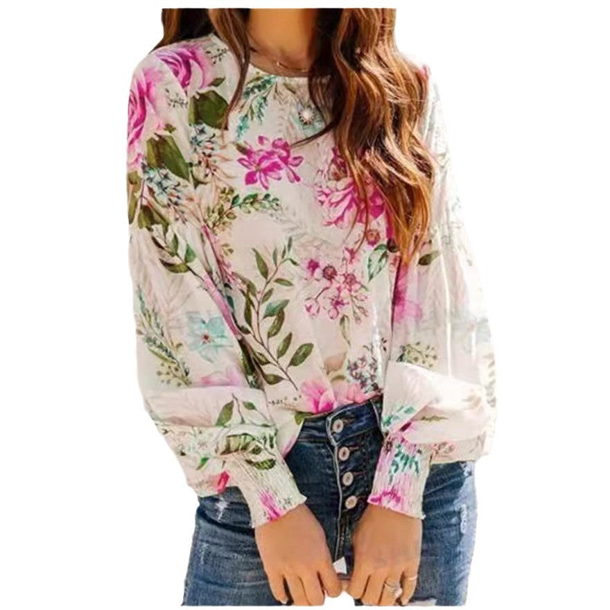 Damen Bluse mit floralem Muster und Ballonärmeln Sovae