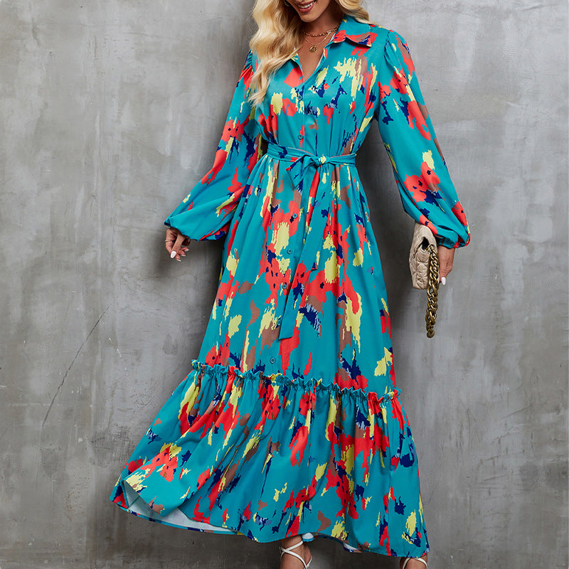 Damen elegantes Maxikleid mit hochgeschlossenem Kragen und farbenfrohem Muster Sovae