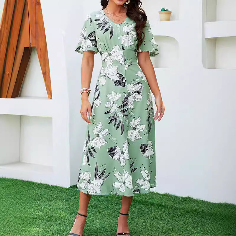 Damen Blümchen Kleid mit vorderem Knopf Sovae