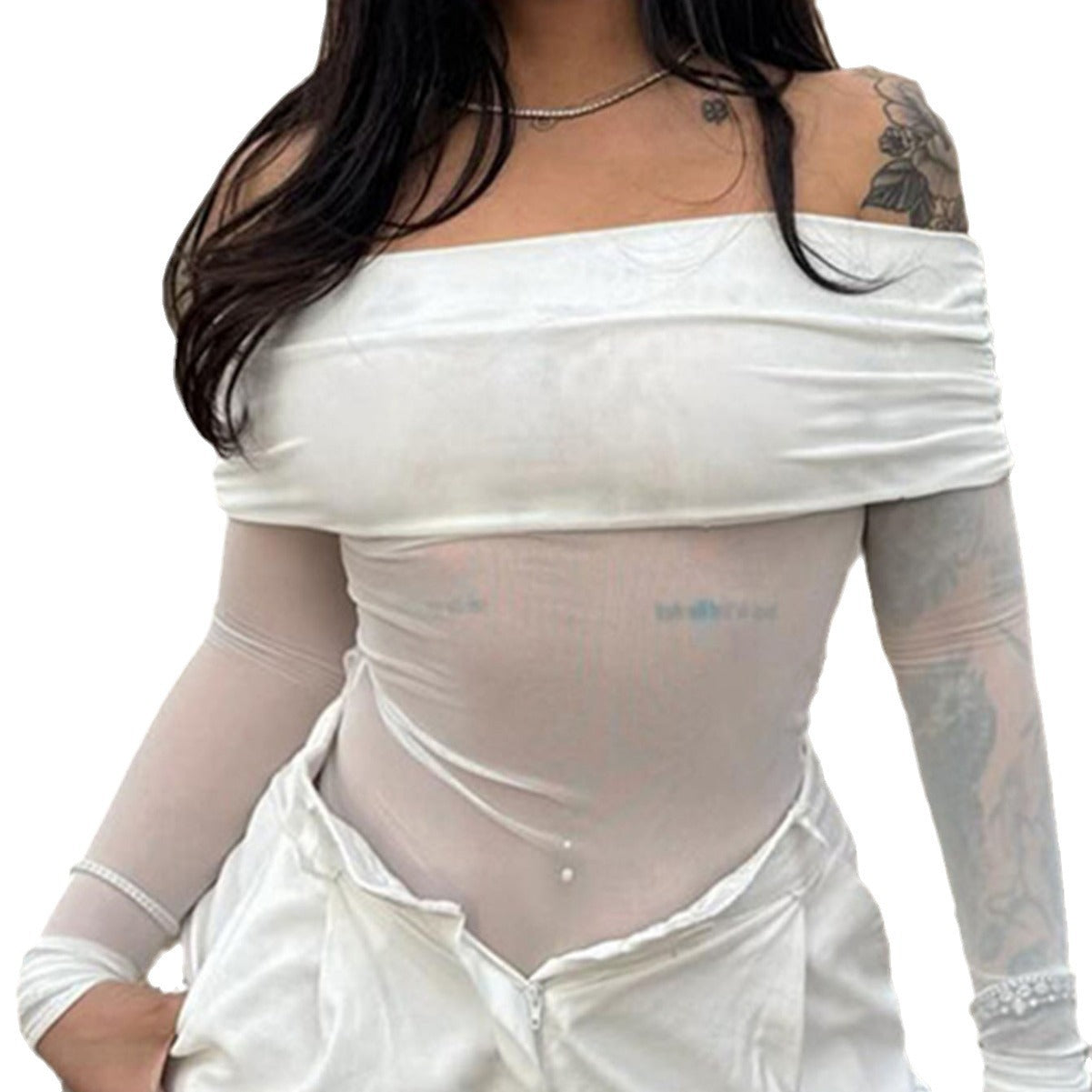 Damen Oberteil mit schulterfreiem Design und transparenten Ärmeln Sovae