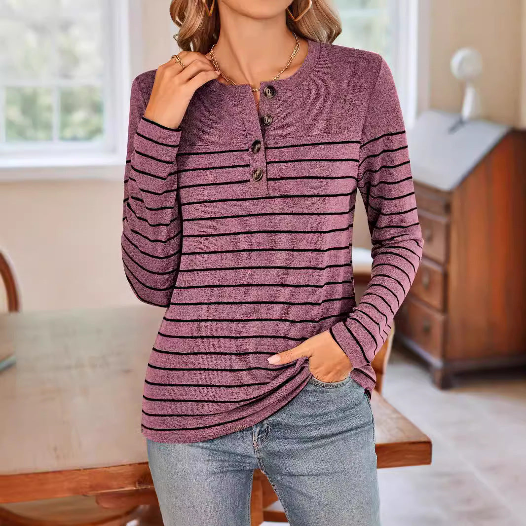 Damen Langarmshirt mit modischem Knopfverschluss und feinen Streifen Sovae