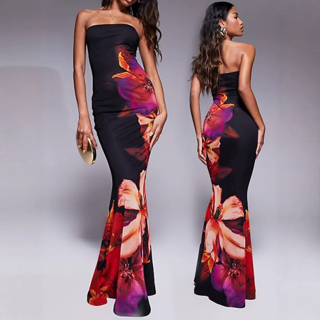 Damen Elegantes Bodenkleid mit floralem Design und Schleppe Sovae